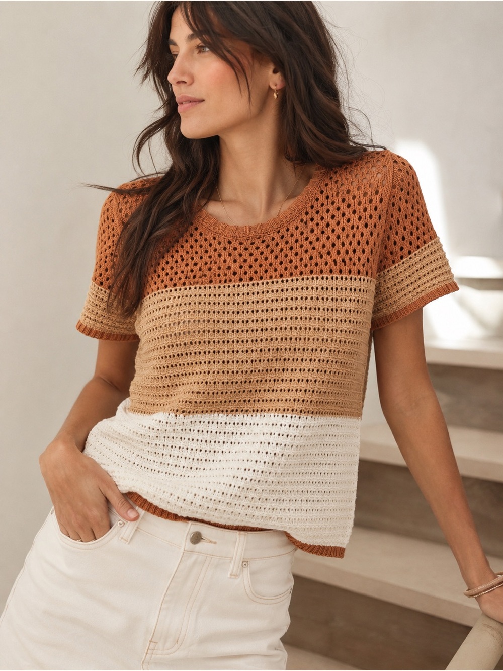 Rachel Roy Colorblock Crochet Knit Top - Rust, Tan & Cream